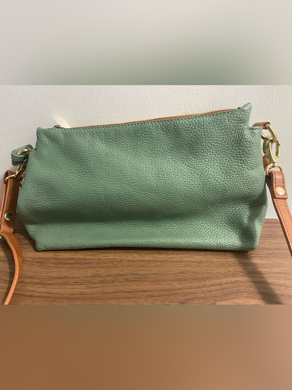 Valentina Women’s Green Leather Crossbody Bag with Tan Strap - Picture 2 of 6